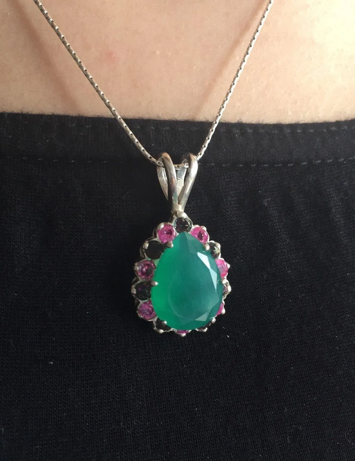 Green Agate Necklace - Green Victorian Pendant - Large Vintage Necklace