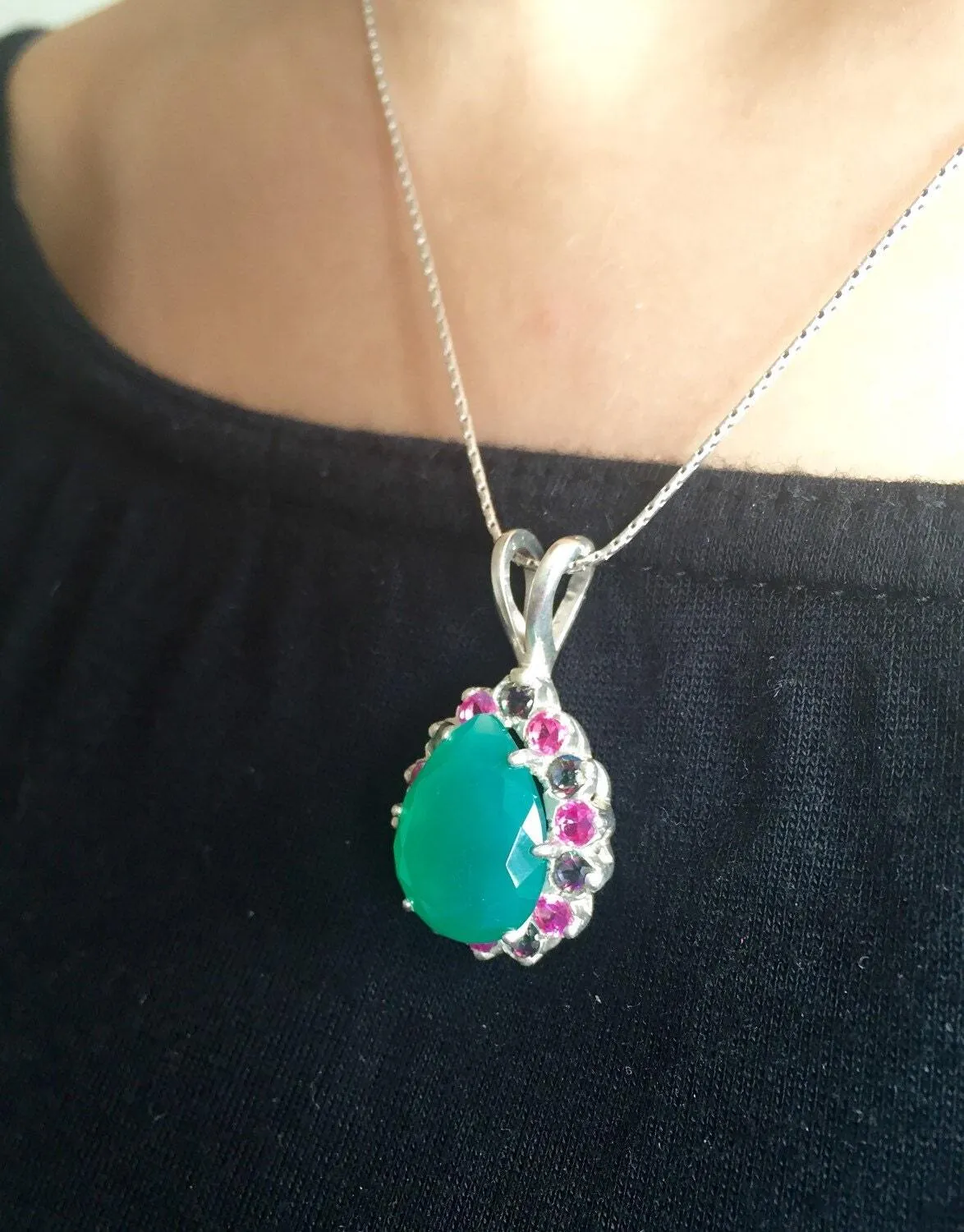 Green Agate Necklace - Green Victorian Pendant - Large Vintage Necklace