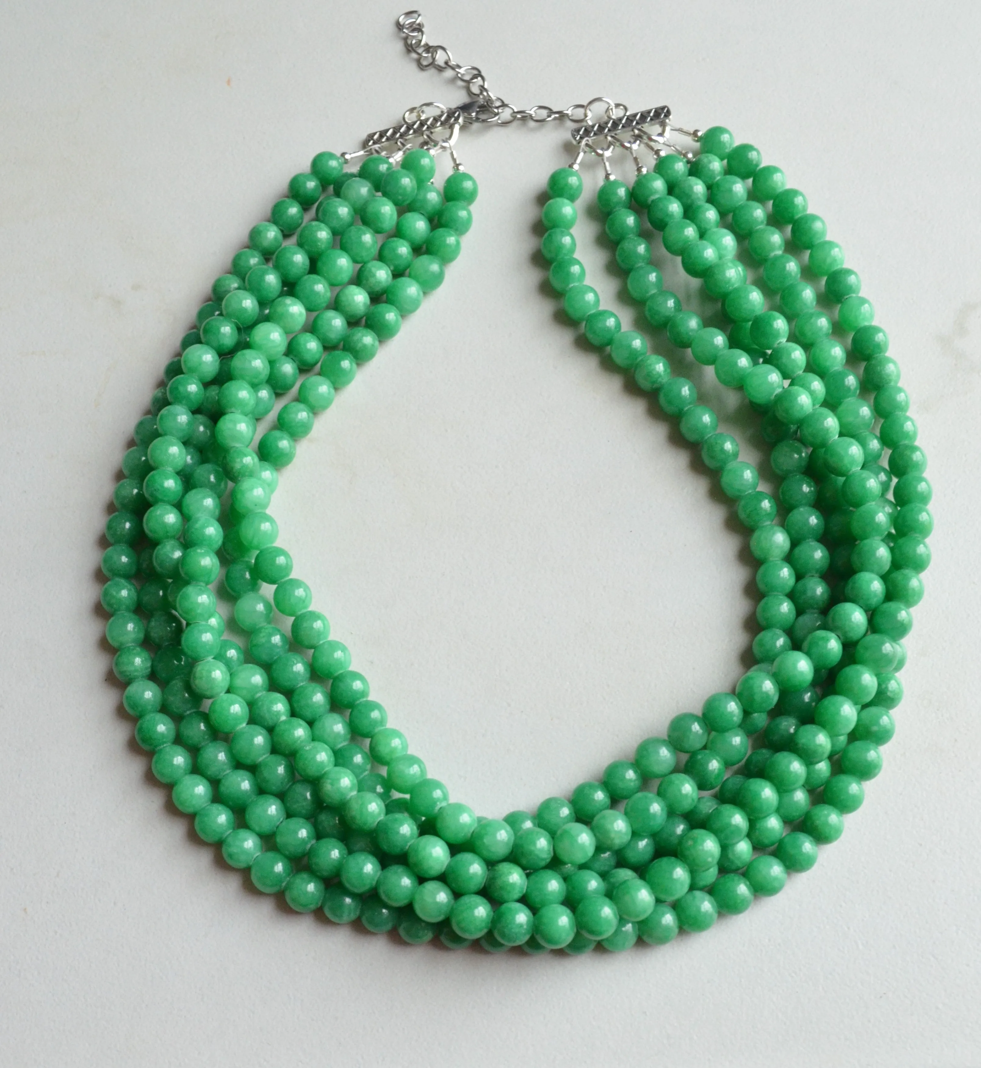 Green Jade Beaded Multi Strand Chunky Womens Statement Necklace - Michelle