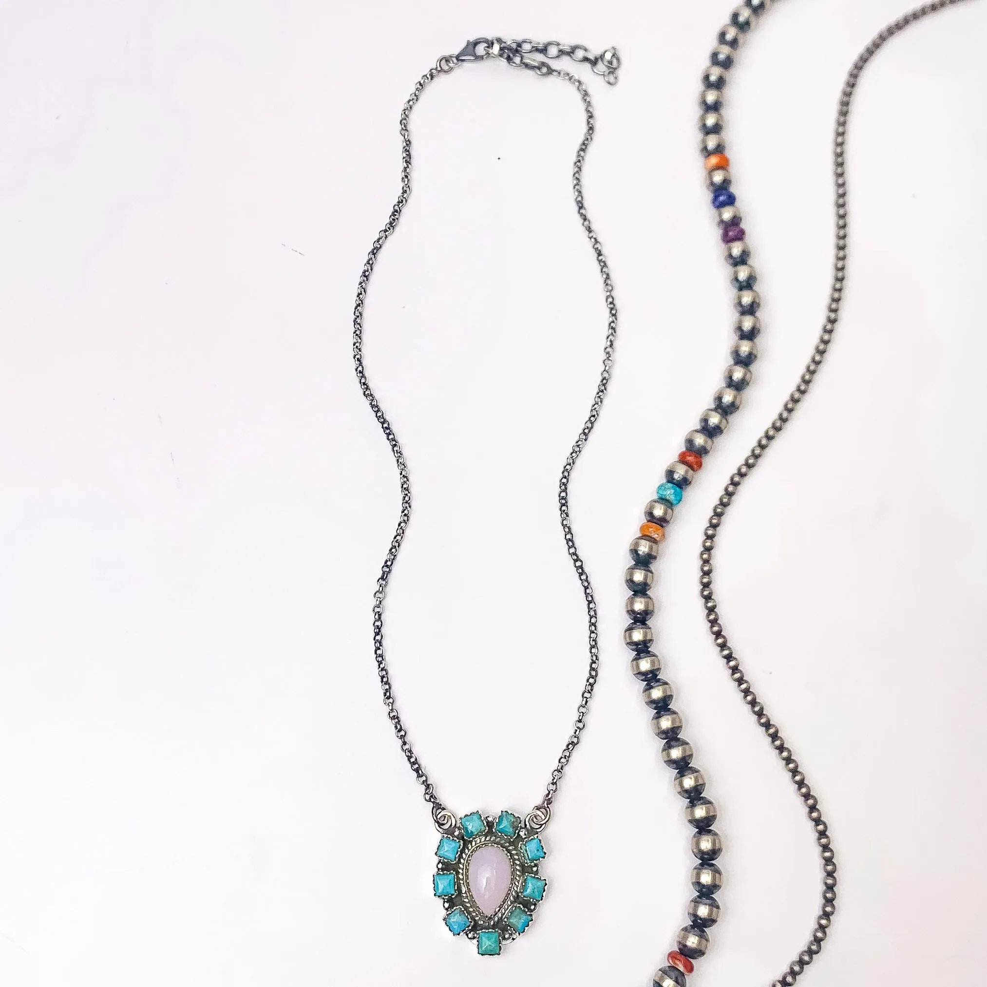 Hada Collection | Handmade Sterling Silver Necklace with Pink Conch Center and Turquoise Stone Outline