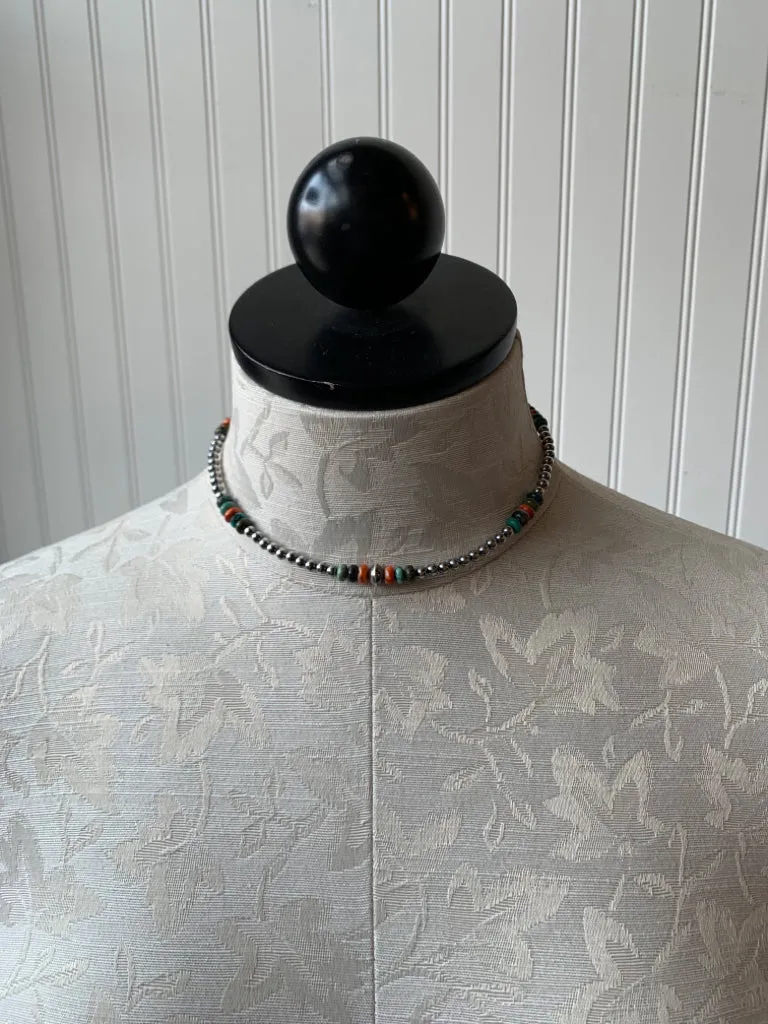 Handmade Sterling Silver Pearl Choker Necklace Turquoise & Spiny