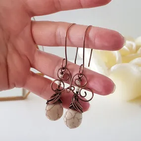 Hanging Hearts - Oxidized Copper Teardrop Howlite | (KJ-397E) Handmade Earrings