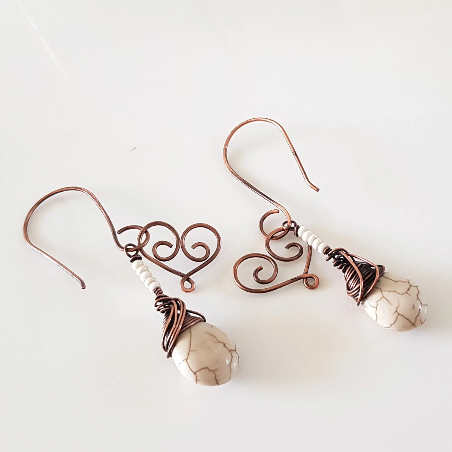 Hanging Hearts - Oxidized Copper Teardrop Howlite | (KJ-397E) Handmade Earrings