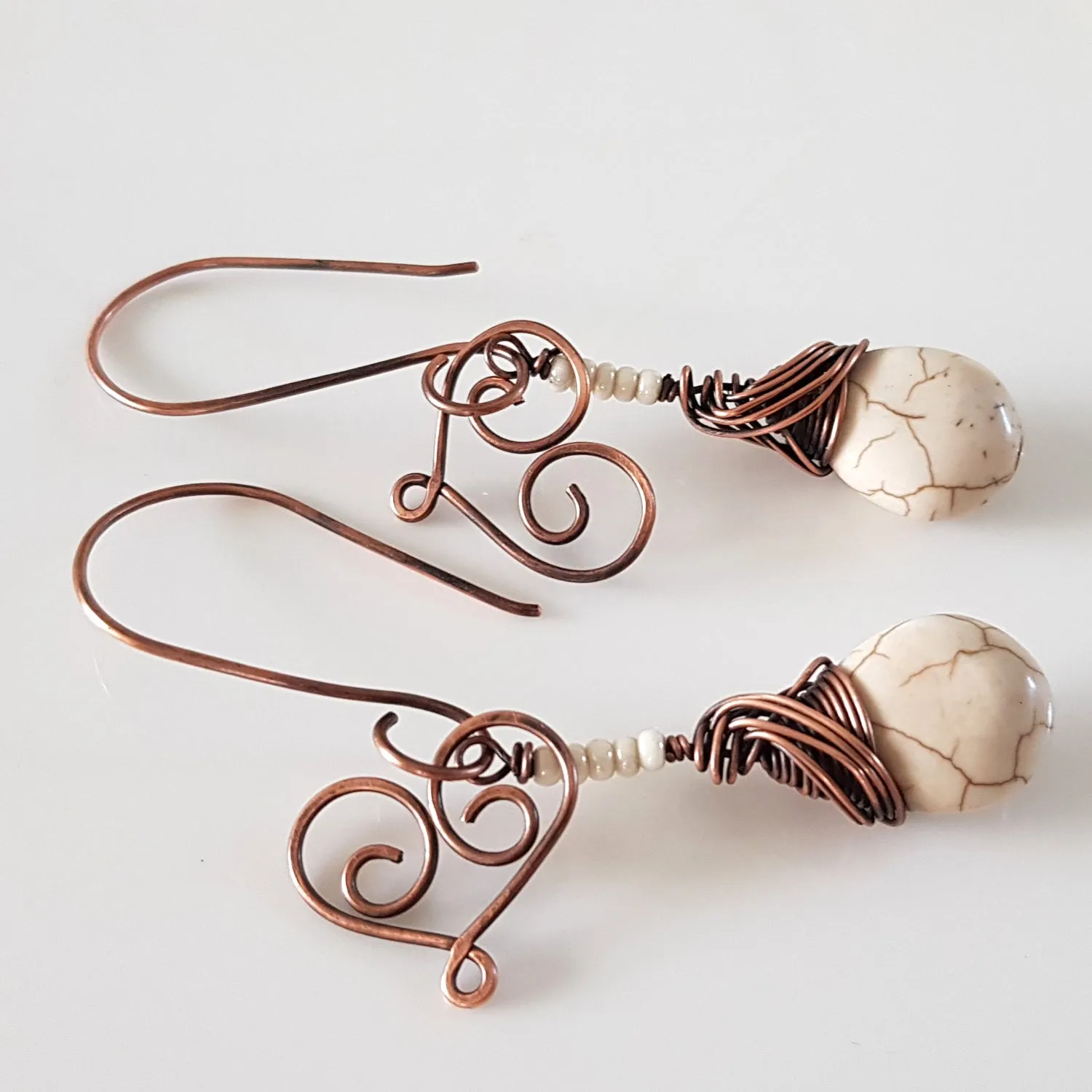 Hanging Hearts - Oxidized Copper Teardrop Howlite | (KJ-397E) Handmade Earrings