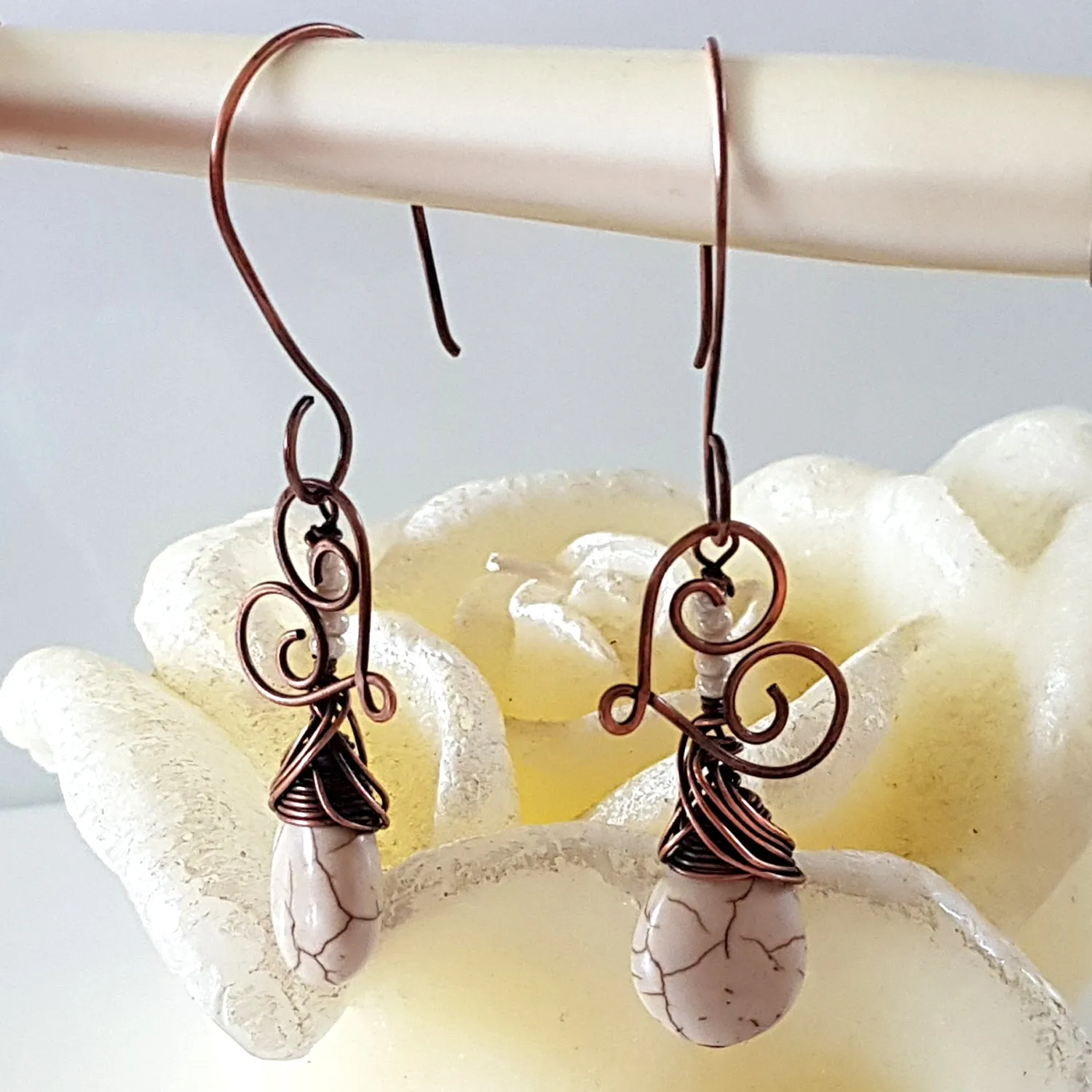 Hanging Hearts - Oxidized Copper Teardrop Howlite | (KJ-397E) Handmade Earrings