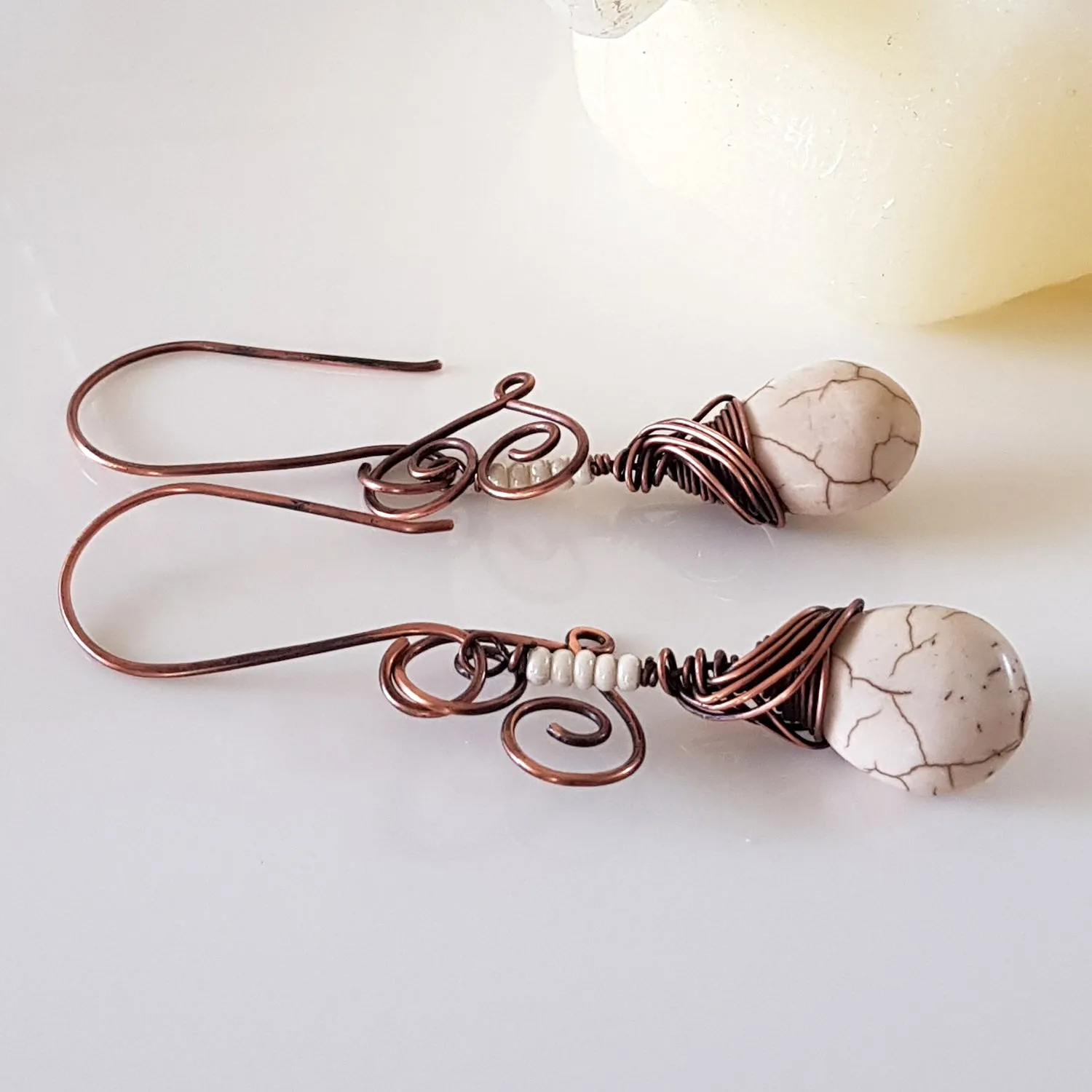 Hanging Hearts - Oxidized Copper Teardrop Howlite | (KJ-397E) Handmade Earrings