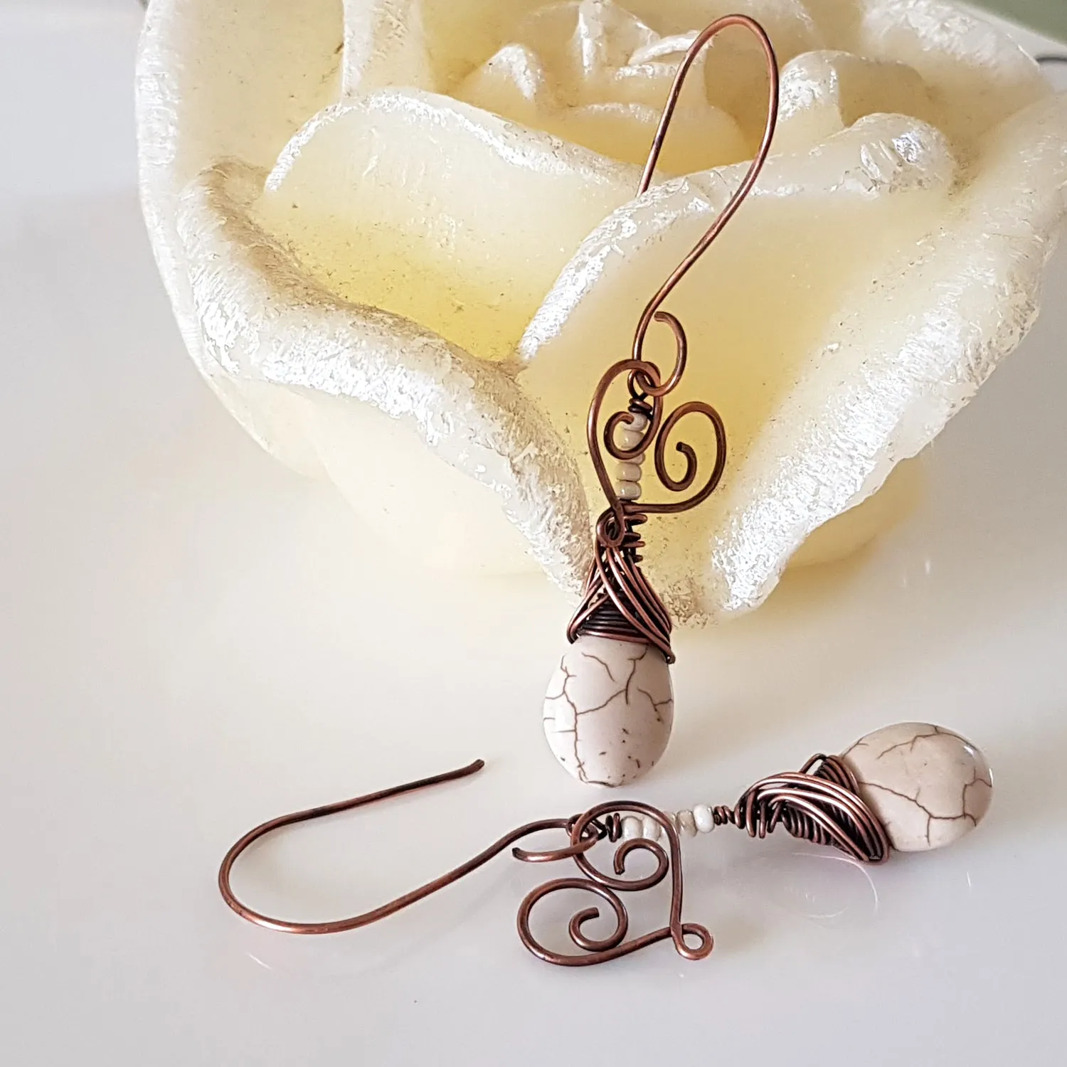 Hanging Hearts - Oxidized Copper Teardrop Howlite | (KJ-397E) Handmade Earrings