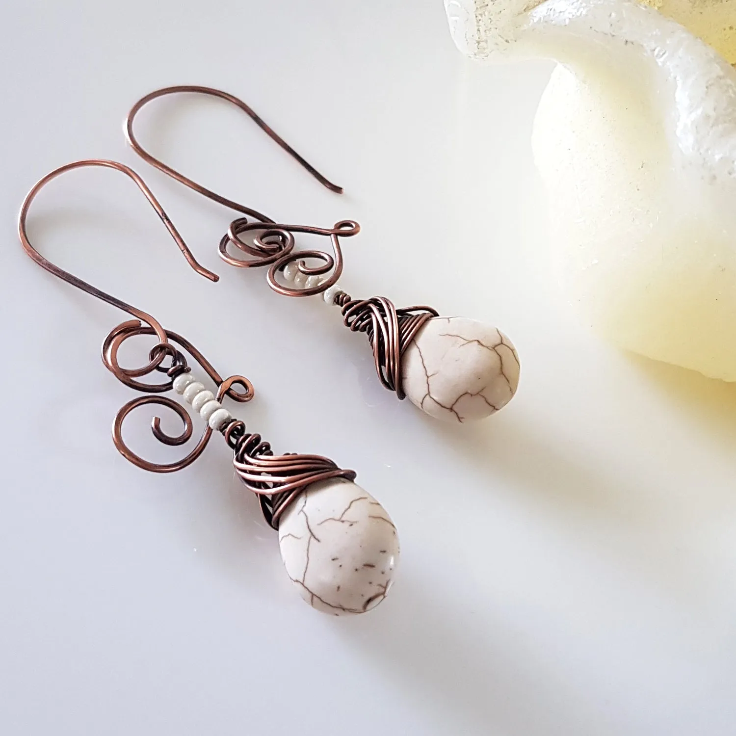 Hanging Hearts - Oxidized Copper Teardrop Howlite | (KJ-397E) Handmade Earrings