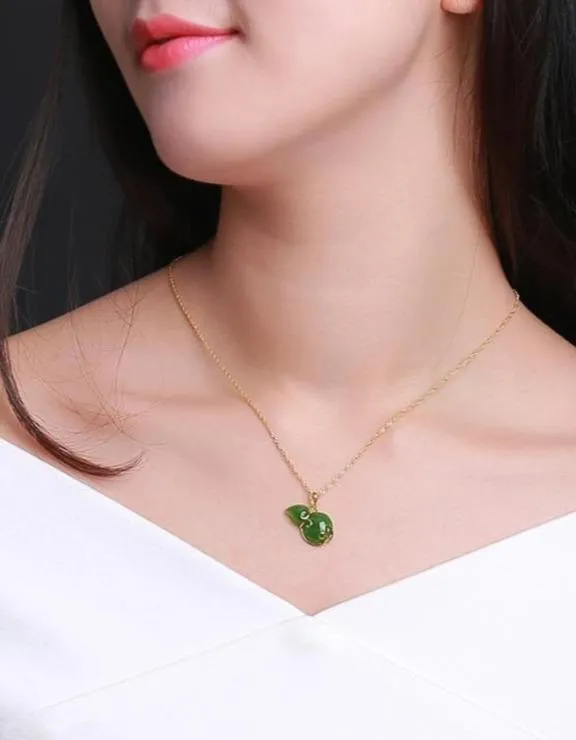 High Quality Sterling Silver Genuine Nephrite Jade Jewelry “ Lucky Bottle Gourd Green Pendant Necklace