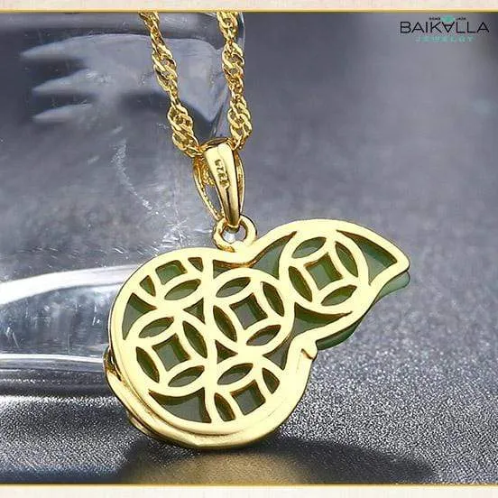 High Quality Sterling Silver Genuine Nephrite Jade Jewelry “ Lucky Bottle Gourd Green Pendant Necklace