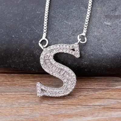 Hip Hop Initial Necklace for Women with Initial A-Z Zirconia in Silver Color