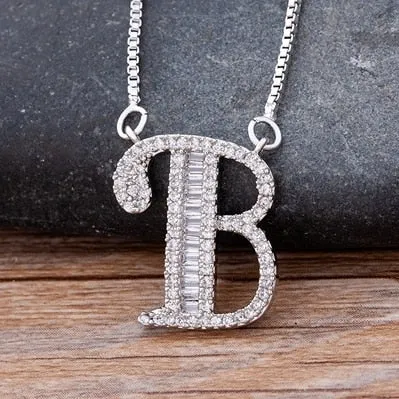 Hip Hop Initial Necklace for Women with Initial A-Z Zirconia in Silver Color