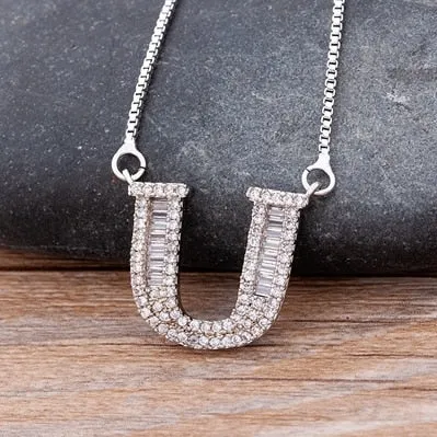 Hip Hop Initial Necklace for Women with Initial A-Z Zirconia in Silver Color