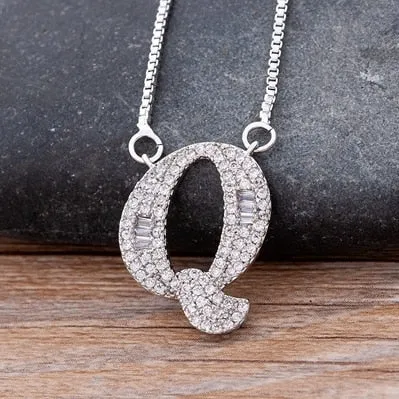 Hip Hop Initial Necklace for Women with Initial A-Z Zirconia in Silver Color