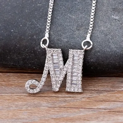 Hip Hop Initial Necklace for Women with Initial A-Z Zirconia in Silver Color