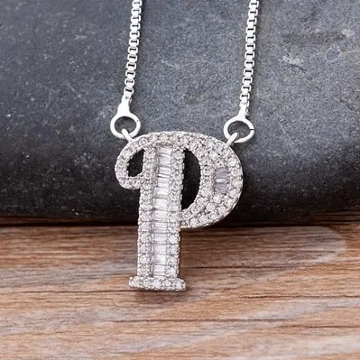Hip Hop Initial Necklace for Women with Initial A-Z Zirconia in Silver Color