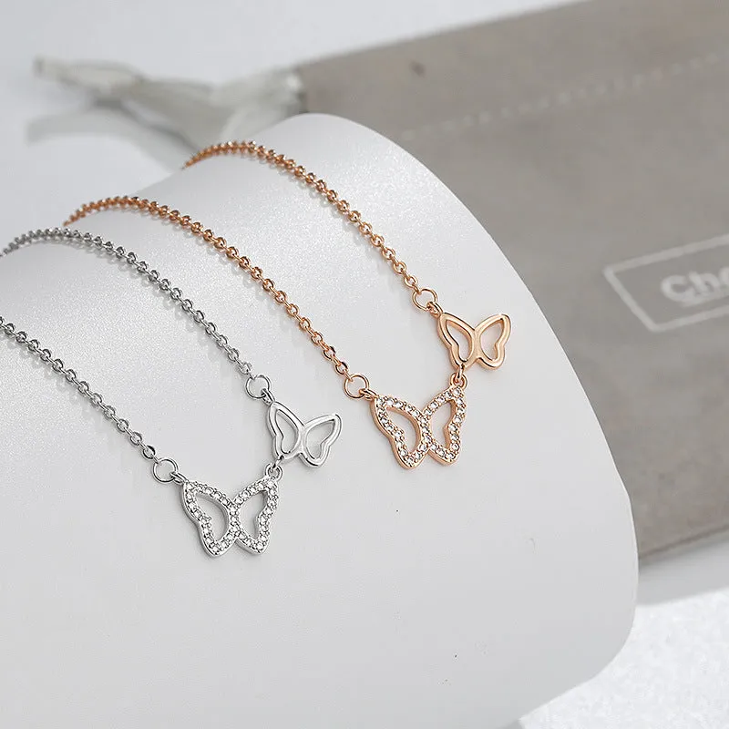 Hollow Two Butterflies with Zircon Silver Necklace for Women