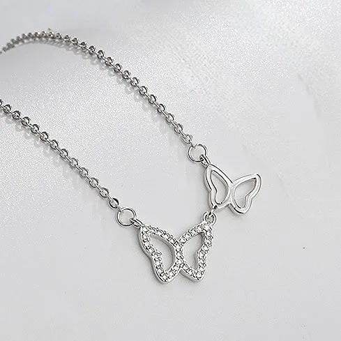Hollow Two Butterflies with Zircon Silver Necklace for Women