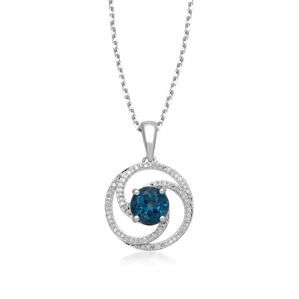 Jewelili Sterling Silver with London Blue Topaz and 1/6 CTTW Natural White Diamonds Pendant Necklace