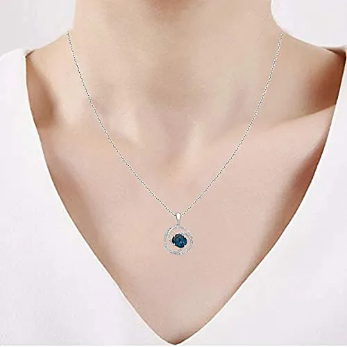 Jewelili Sterling Silver with London Blue Topaz and 1/6 CTTW Natural White Diamonds Pendant Necklace
