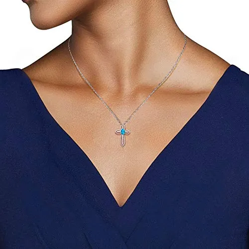 Jewelili Sterling Silver With Oval Blue Topaz And Created White Sapphire Cross Pendant Necklace, 18" Box Chain