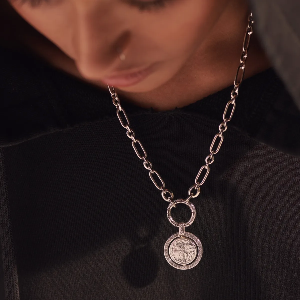 John Hardy Mens Classic Chain Sterling Silver 24mm Round Pendant