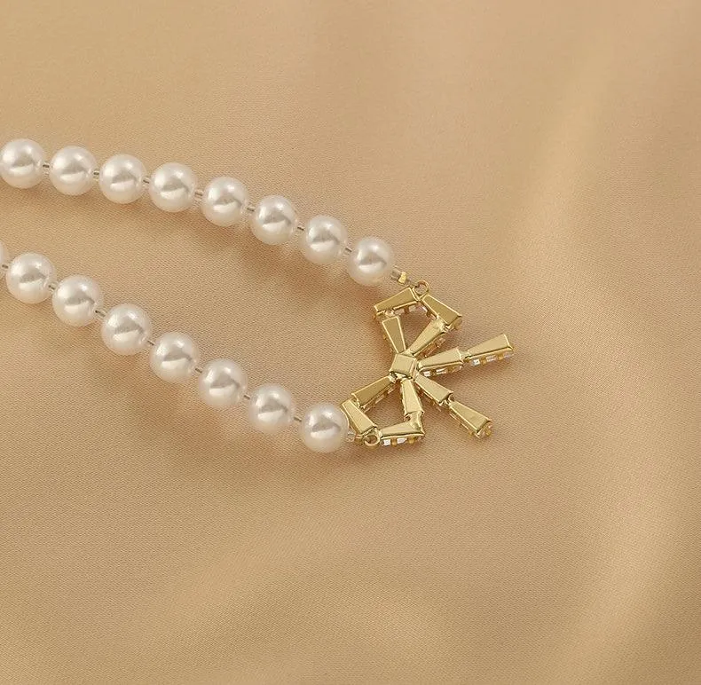 Ladies Lux Fake Pearl Bowknot Necklace SKAJ015