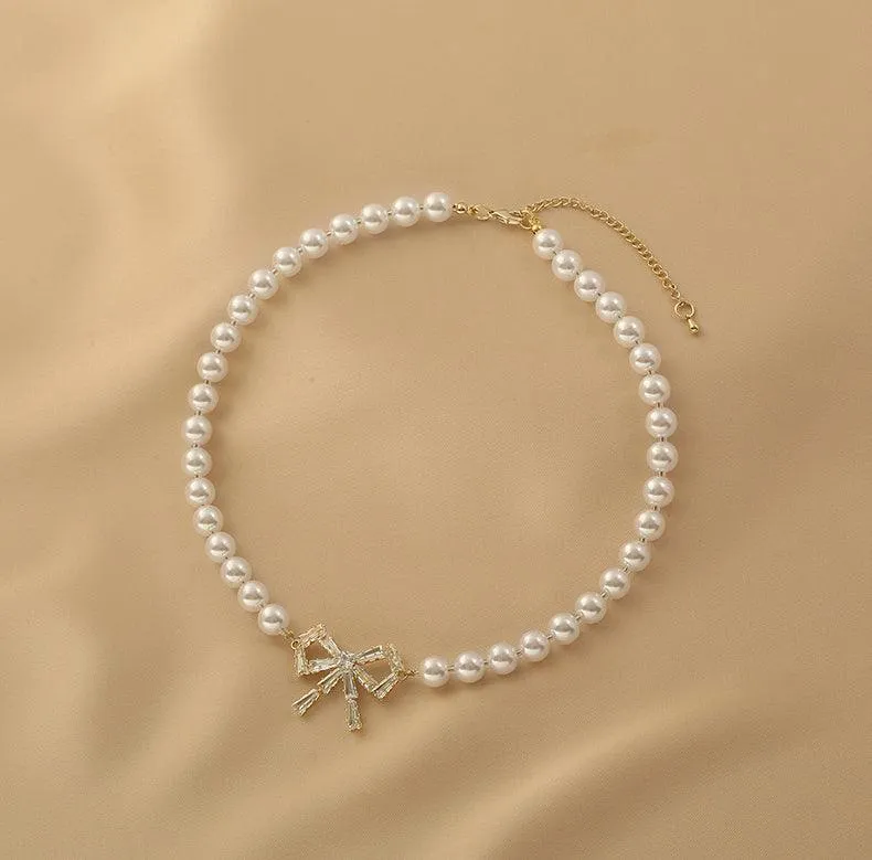 Ladies Lux Fake Pearl Bowknot Necklace SKAJ015