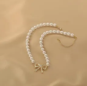 Ladies Lux Fake Pearl Bowknot Necklace SKAJ015