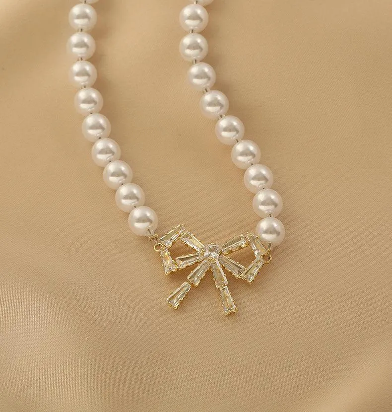 Ladies Lux Fake Pearl Bowknot Necklace SKAJ015