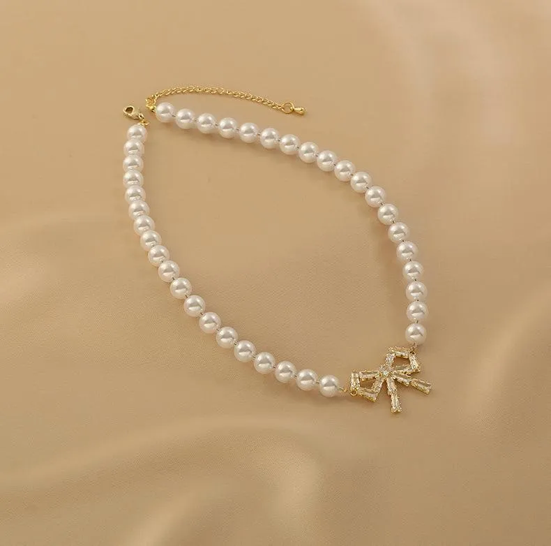 Ladies Lux Fake Pearl Bowknot Necklace SKAJ015