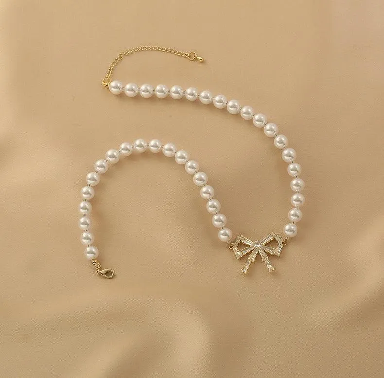 Ladies Lux Fake Pearl Bowknot Necklace SKAJ015