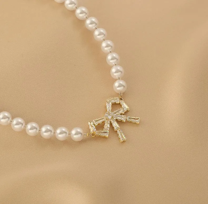 Ladies Lux Fake Pearl Bowknot Necklace SKAJ015