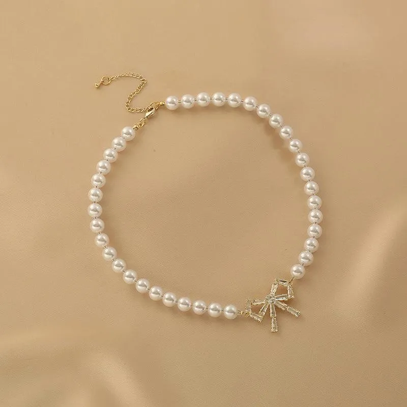 Ladies Lux Fake Pearl Bowknot Necklace SKAJ015