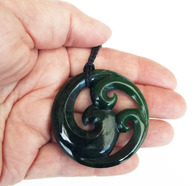 Large Genuine NZ Greenstone Triple Koru Necklace
