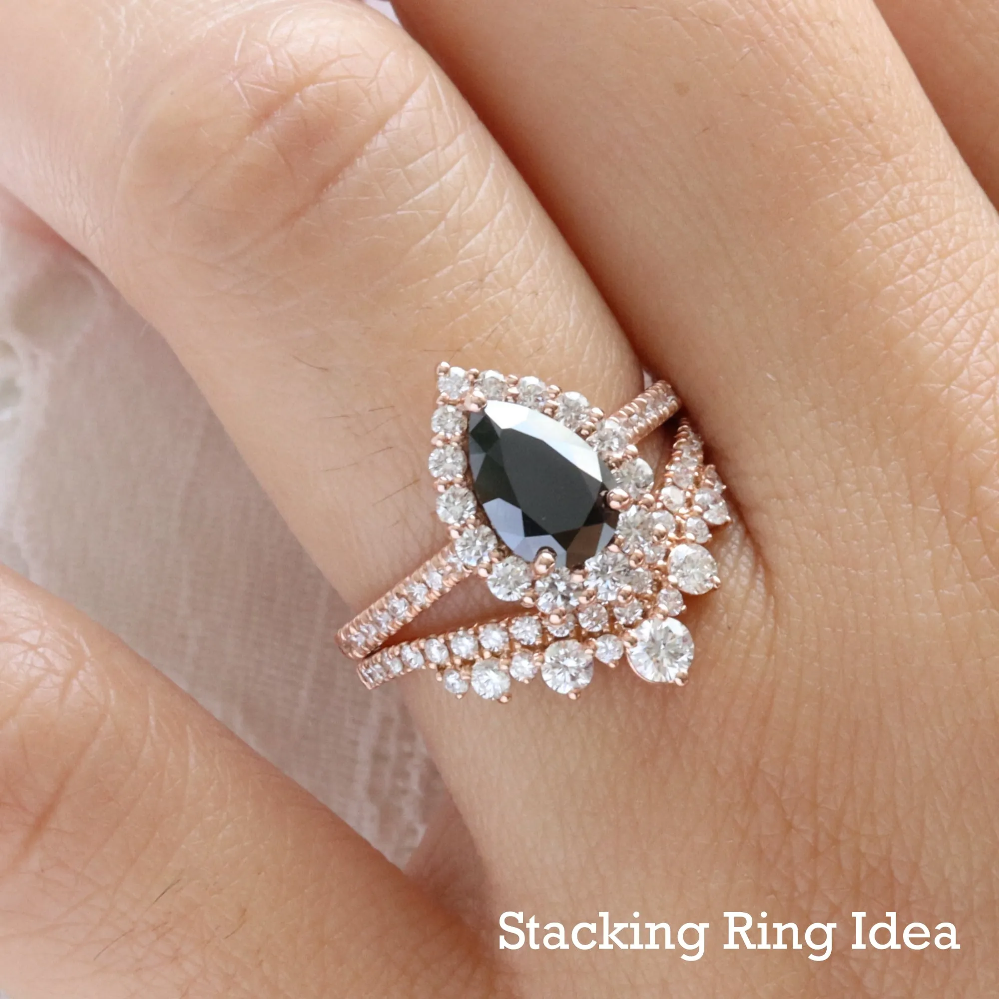 Large Pear Black Diamond Ring in Tiara Halo Diamond Pave Band