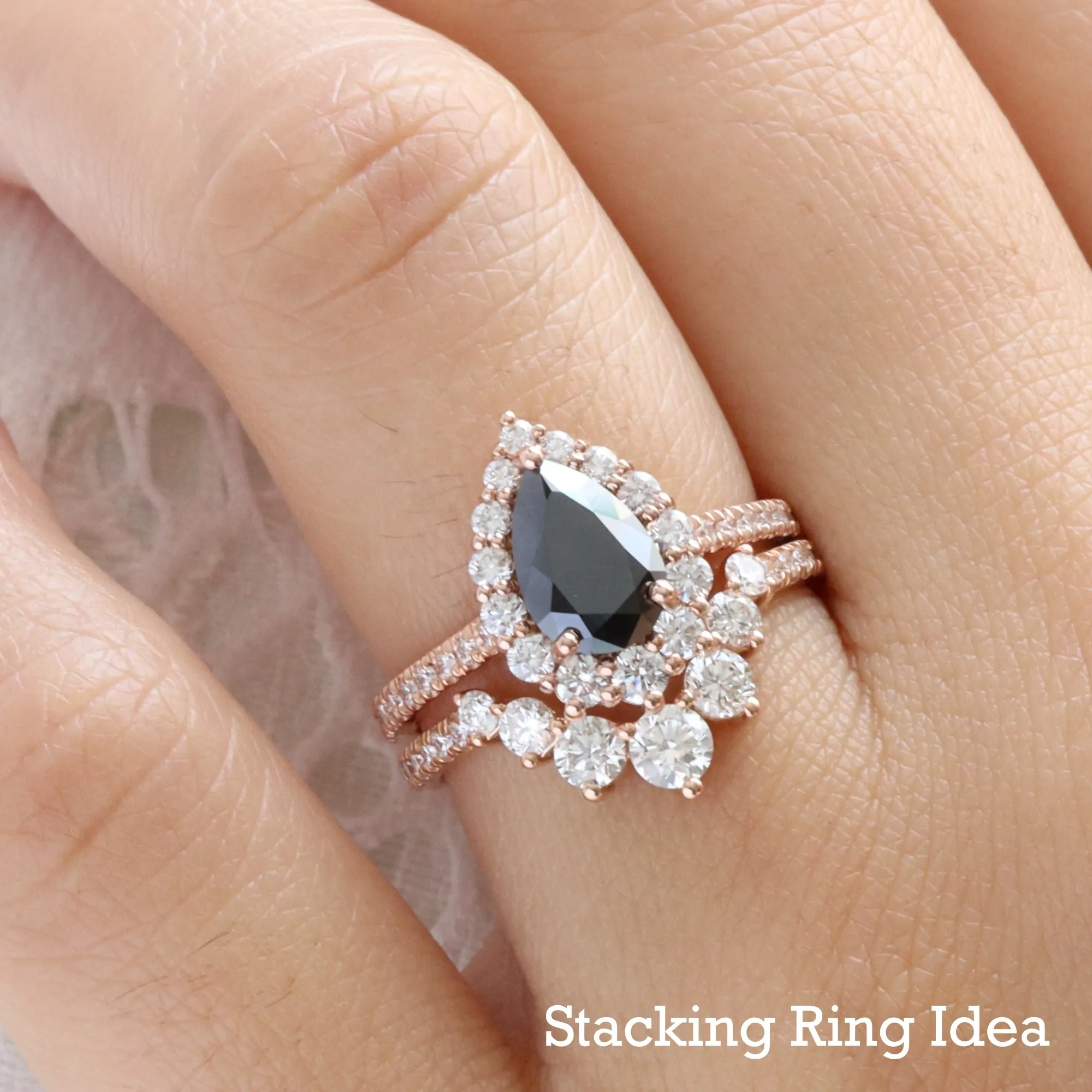 Large Pear Black Diamond Ring in Tiara Halo Diamond Pave Band