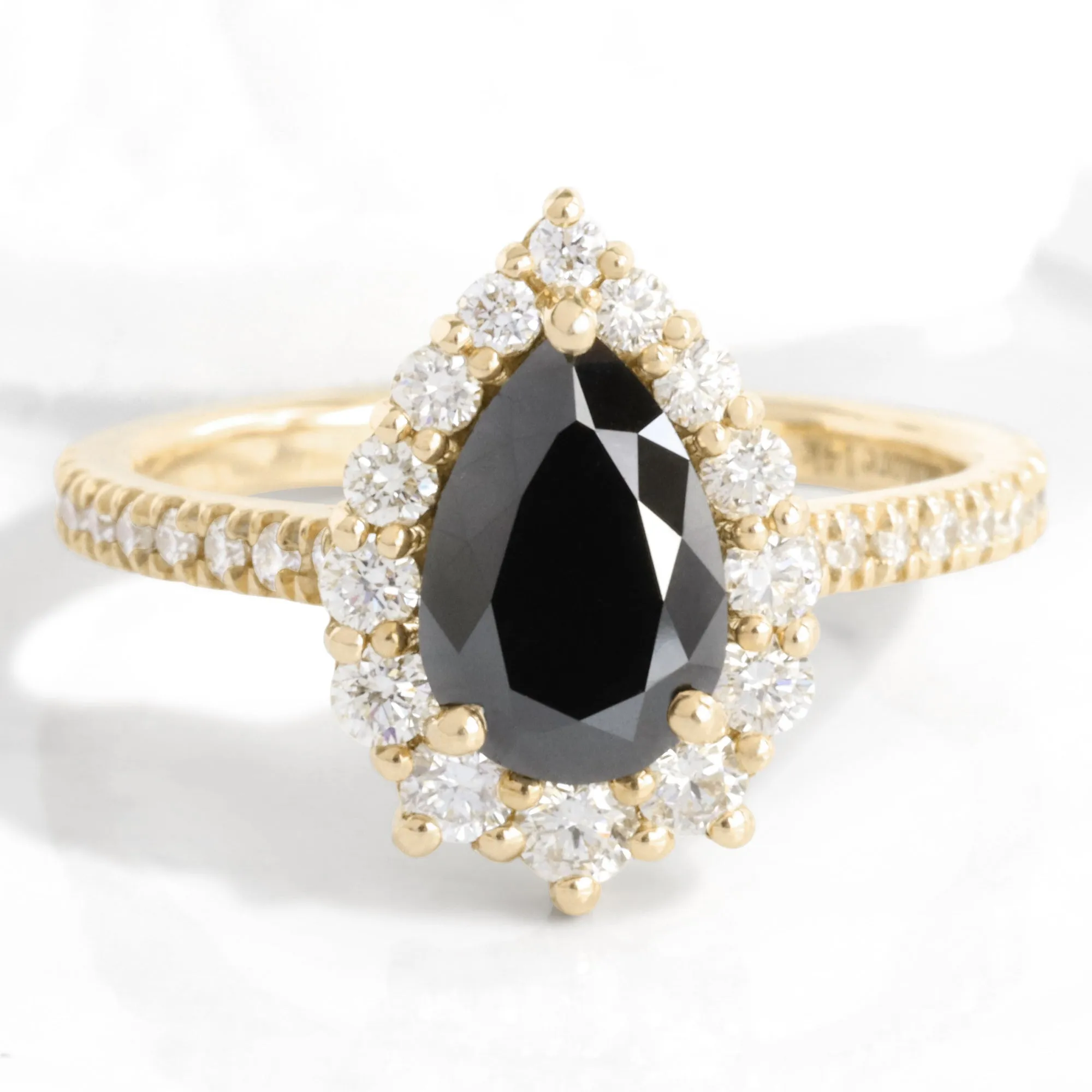 Large Pear Black Diamond Ring in Tiara Halo Diamond Pave Band