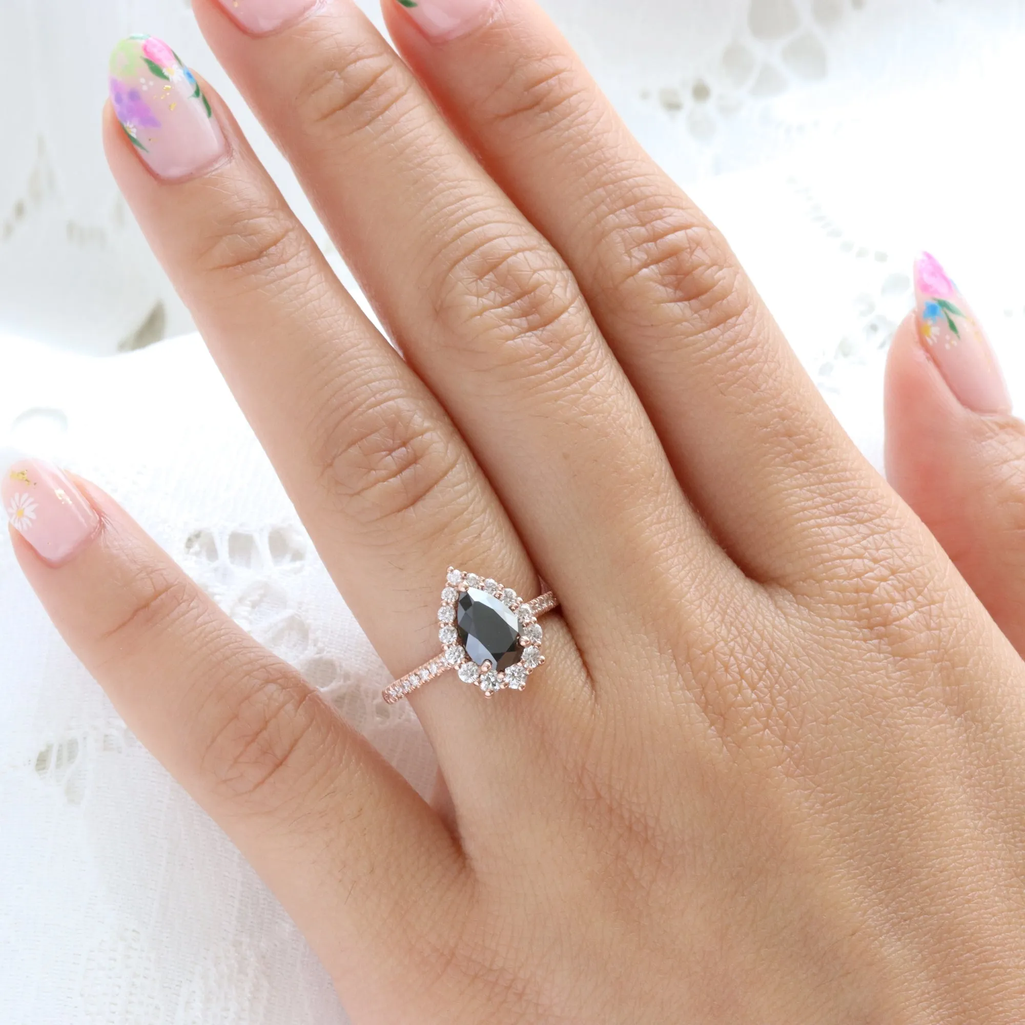 Large Pear Black Diamond Ring in Tiara Halo Diamond Pave Band