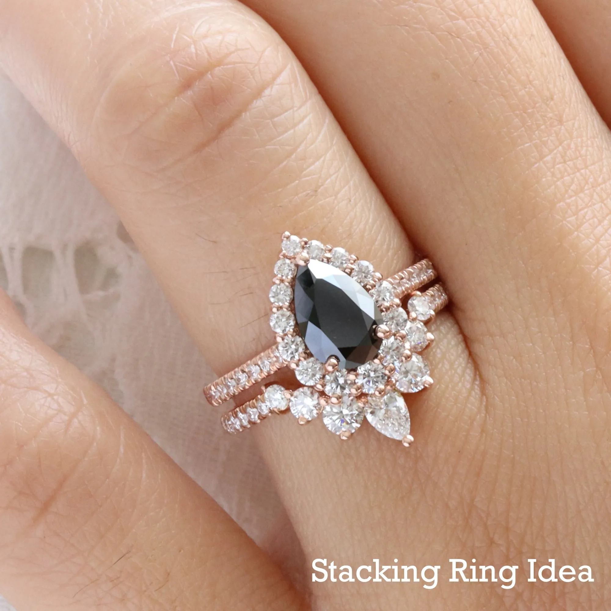 Large Pear Black Diamond Ring in Tiara Halo Diamond Pave Band