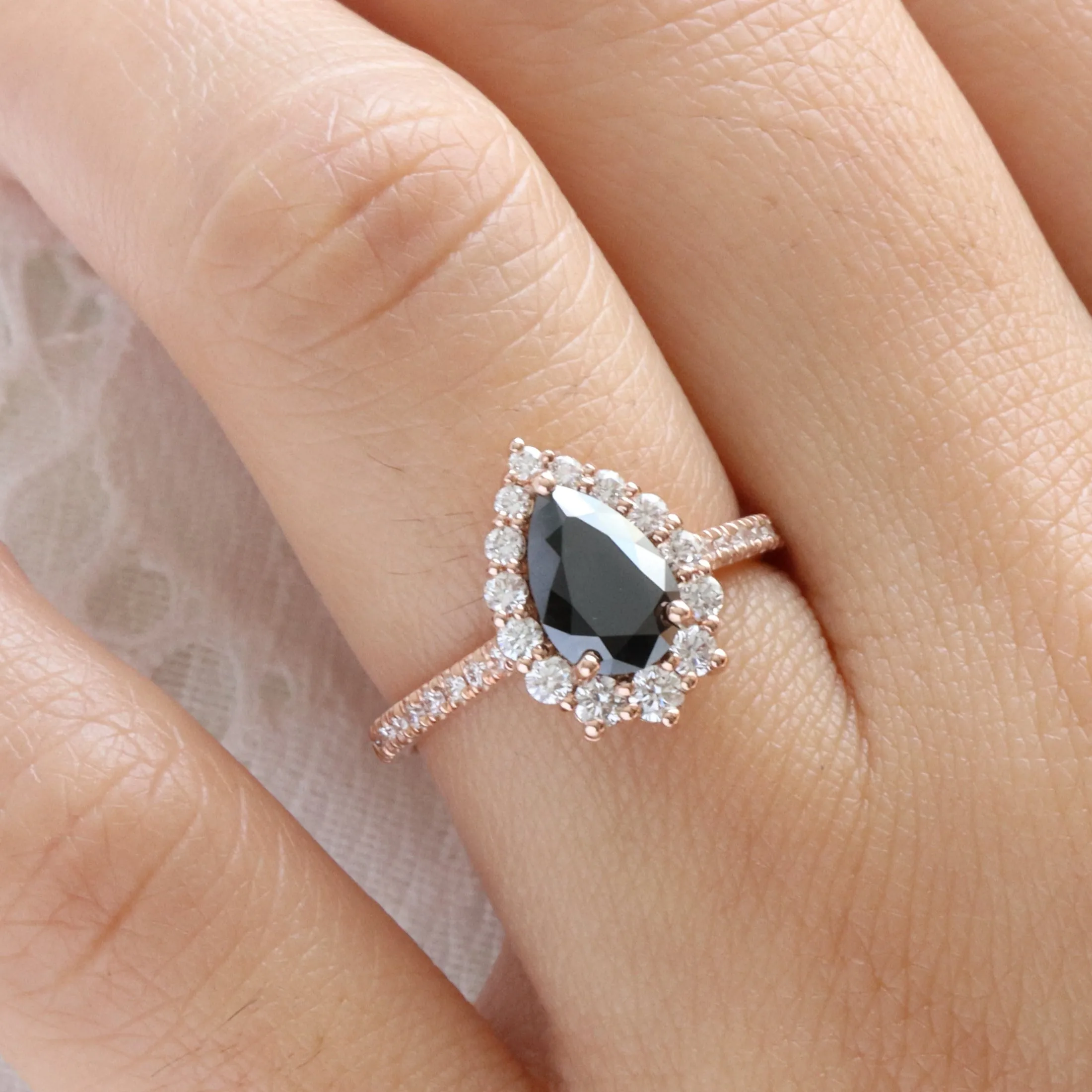 Large Pear Black Diamond Ring in Tiara Halo Diamond Pave Band