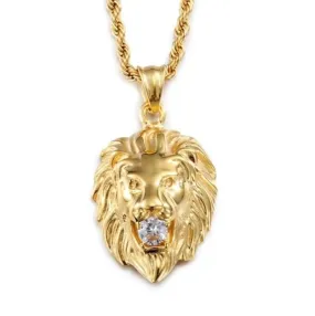 Lion Head with Zircon Amulet Pendant Necklace for Protection,Success and Prosperity Man and Woman