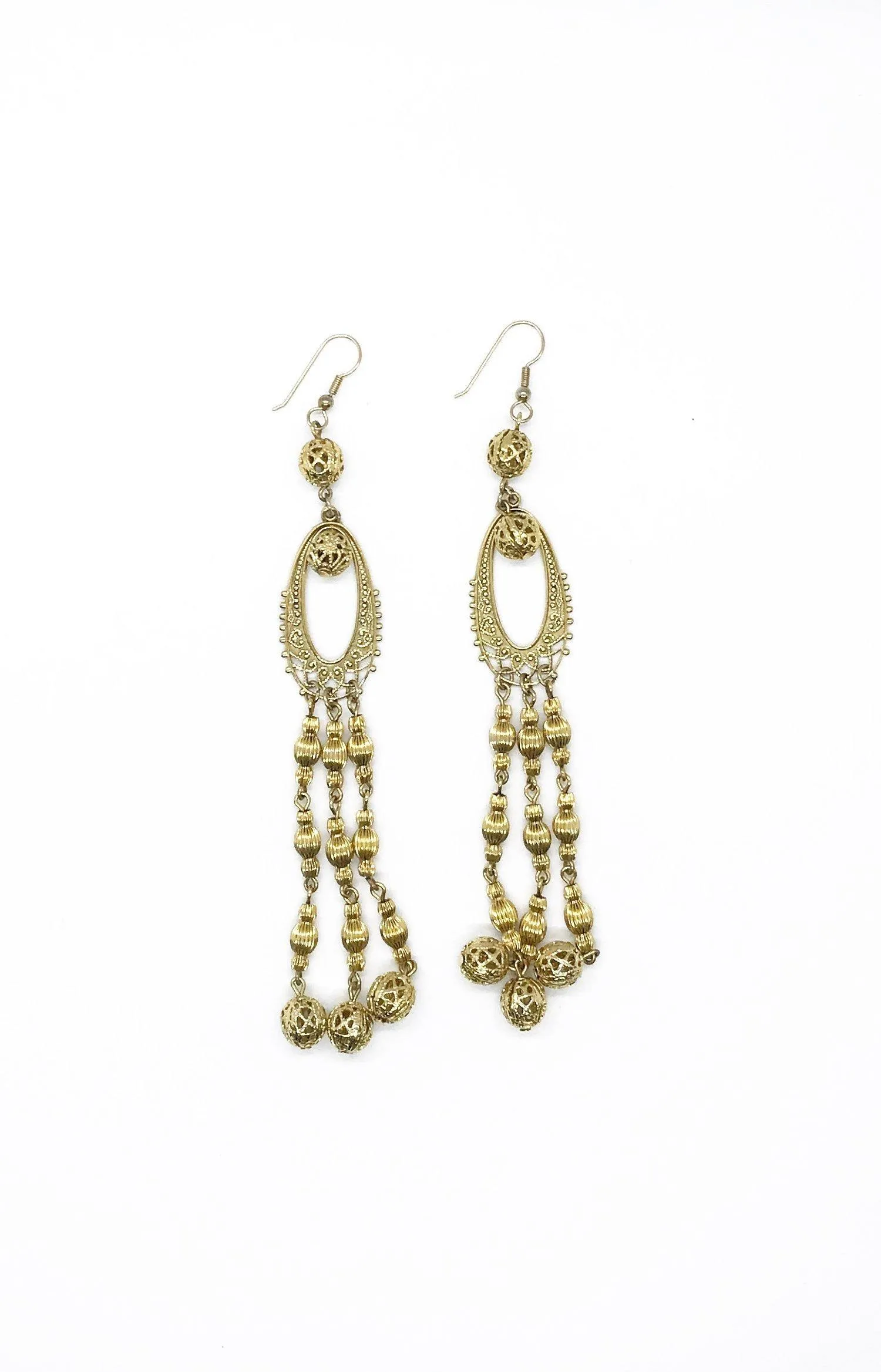 Long Elaborate Gold Filigree Bead Earrings