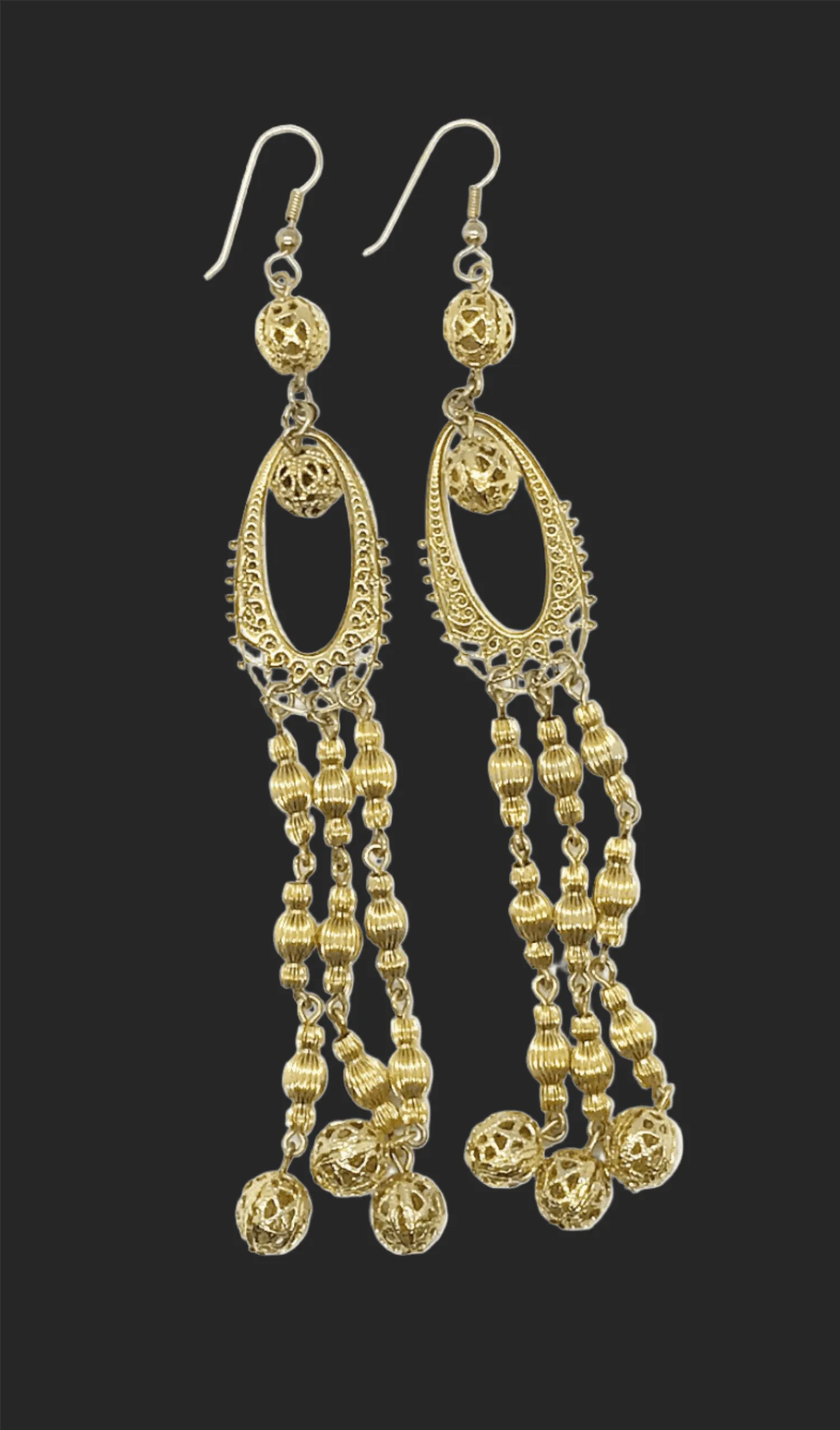 Long Elaborate Gold Filigree Bead Earrings