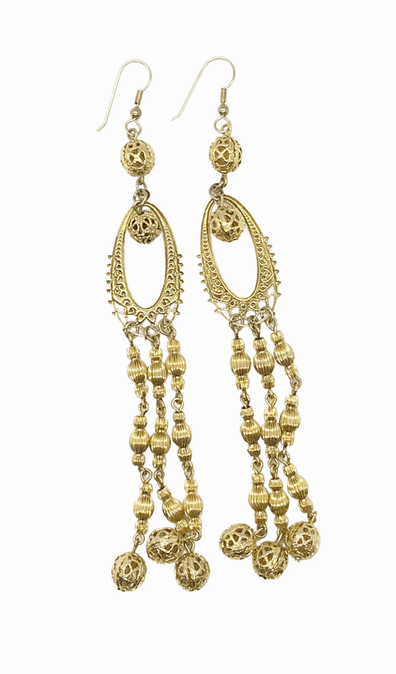 Long Elaborate Gold Filigree Bead Earrings