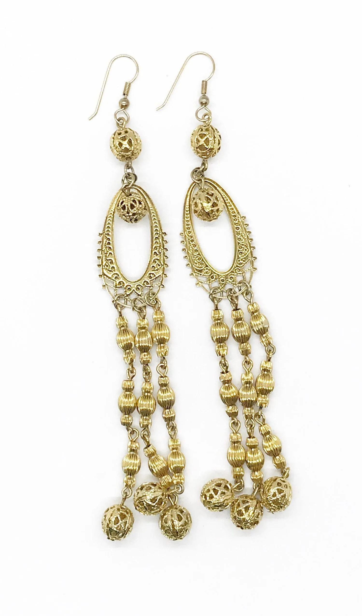 Long Elaborate Gold Filigree Bead Earrings