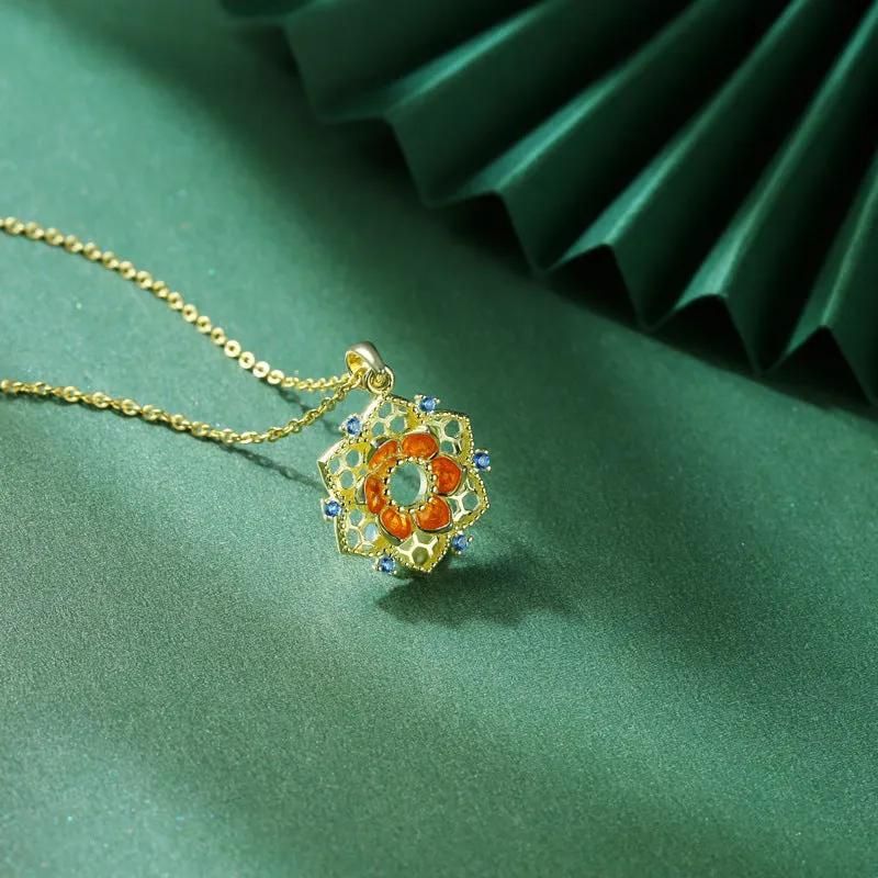 Lotus Pattern Series Blue Zircon Enamel Hollow Flower Pendant Silver Necklace for Women