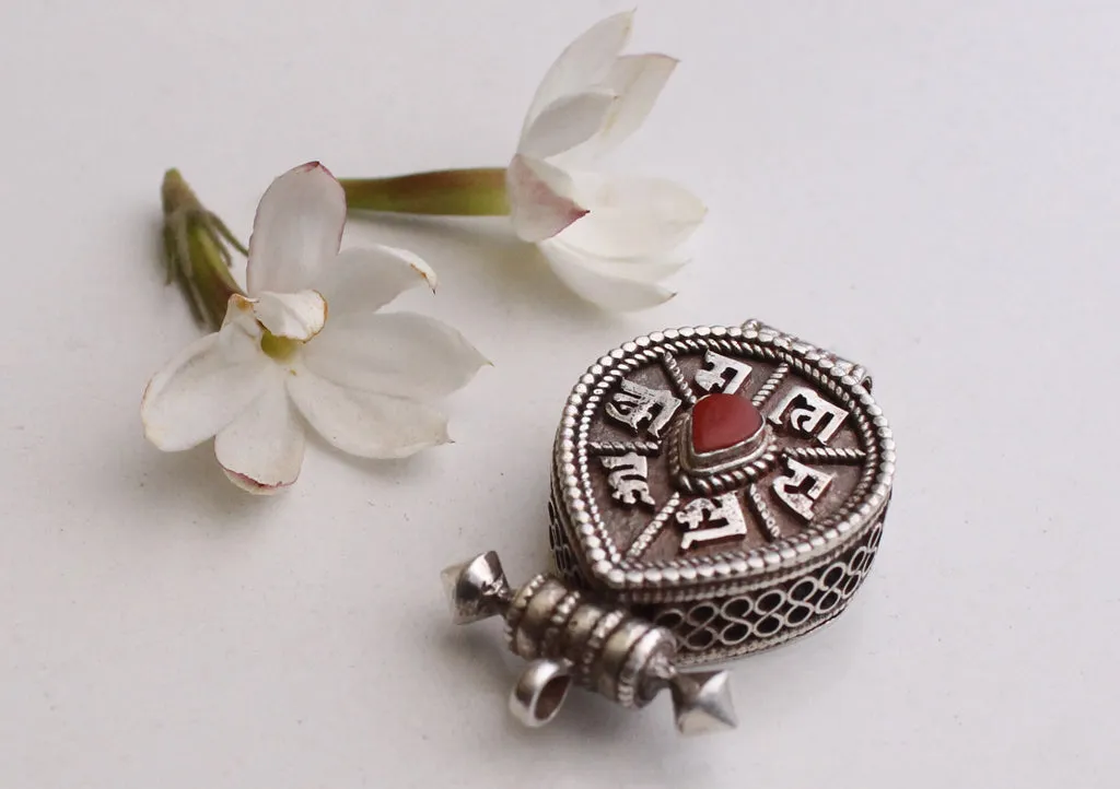 Love Shaped Hand Carved Silver Sterling Filigree Pendant with Adorning Coral
