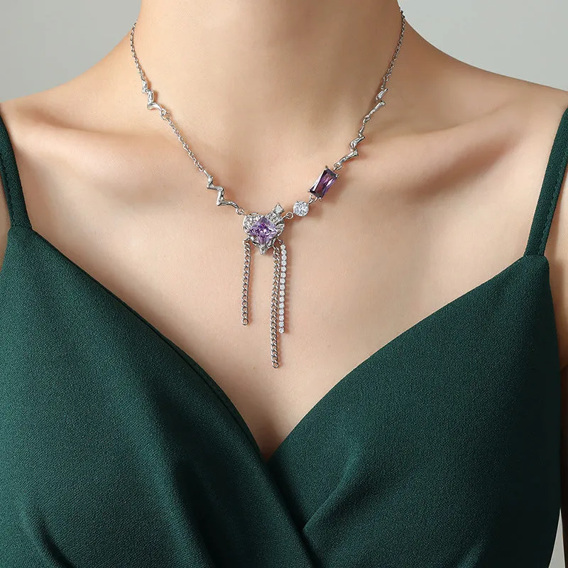 Luxurious Zircon Tassel Necklace with Heart Pendant - Fashionable Copper Jewelry for Women