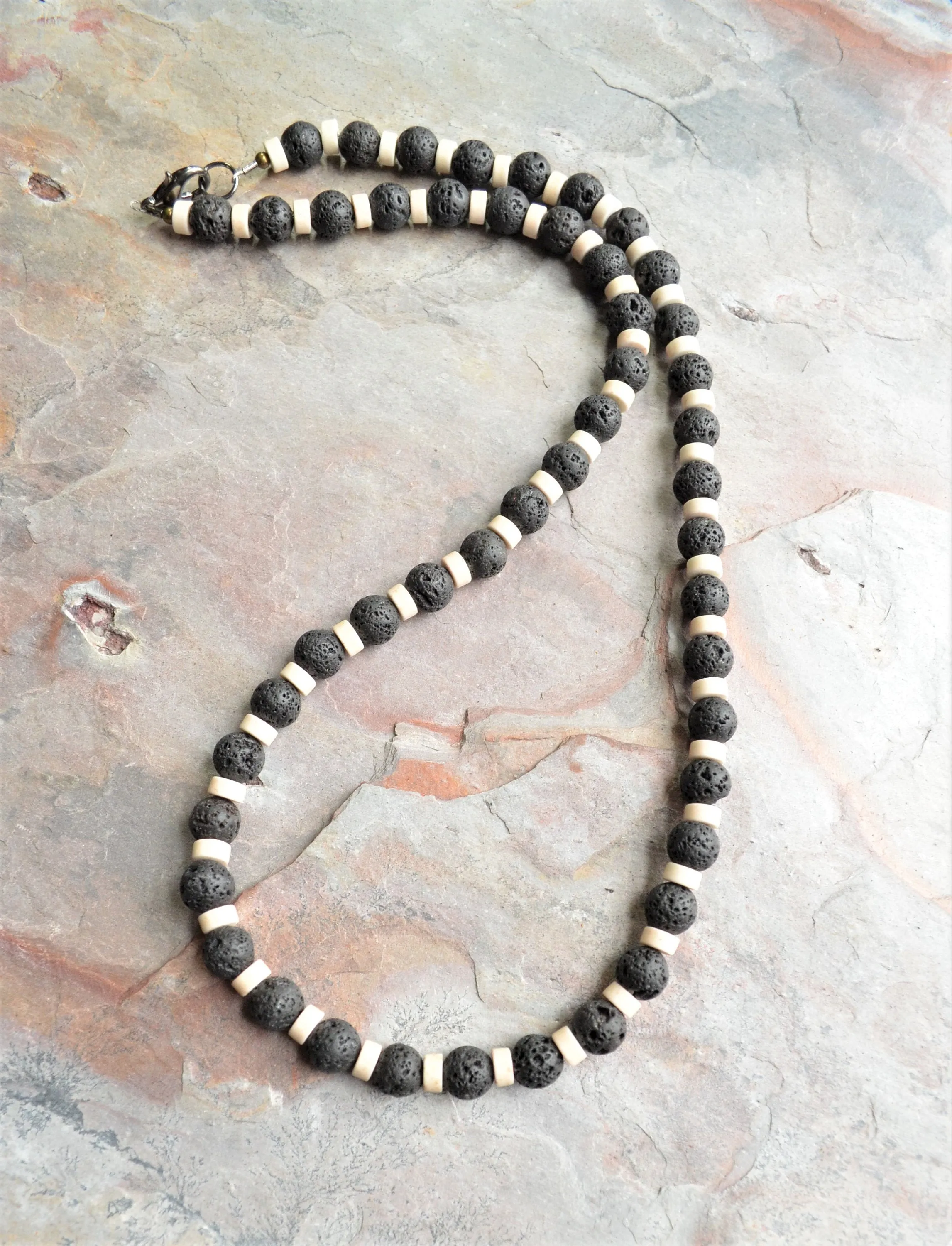 Mens Black White Lava Rock Bead Surfer Necklace - Mac